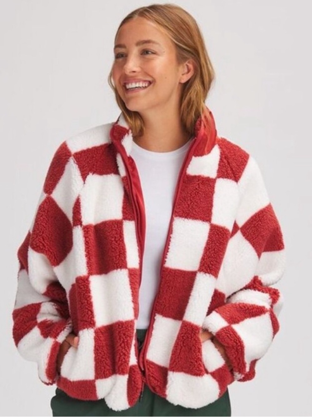 Checkerboard Fleece Teddy Jacket in Red and White